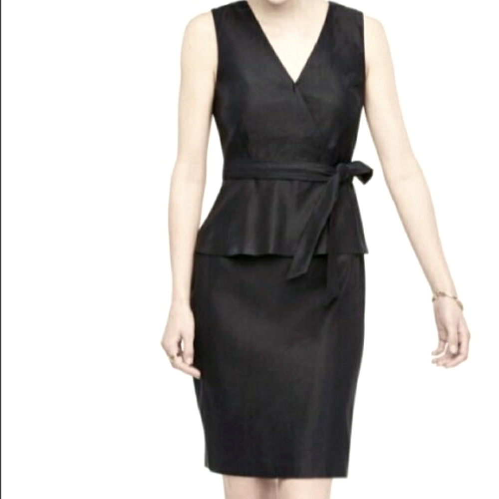 ANN TAYLOR NAVY BLUE LINEN BLEND PEPLUM BELTED DRESS SZ 4